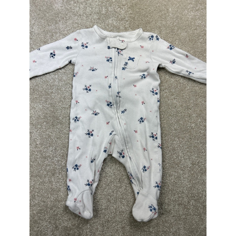 Carter's Floral Footed Sleeper 3M White Ribbed Cotton Zip Coquette Shabby Chic